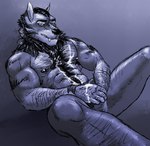 anthro arm_hair bodily_fluids body_hair bottomwear chest_hair clothing cum genital_fluids hairy loincloth looking_at_viewer male muscular sitting smile smirk solo sweat tribal underwear simonsbathtub alex_nightmurr canid canine canis mammal wolf