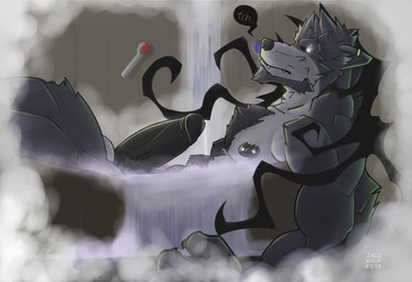 abs anthro bath bathing beard big_penis black_body black_fur black_nipples black_nose black_penis bodily_fluids body_hair chest_hair dripping erection facial_hair fur genital_fluids genitals glowing glowing_eyes grey_body grey_fur happy_trail humanoid_genitalia humanoid_penis looking_at_viewer male manly muscular muscular_male nipple_piercing nipples penis piercing precum solo steam water white_eyes jazzwolf mythology jazzwolf_(character) canid canine canis mammal mythological_canine mythological_creature werecanid werecanine werecreature werewolf wolf hi_res