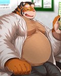 anthro belly black_body black_bottomwear black_clothing black_ears black_fur bottomwear clothed clothing eyebrows eyes_closed eyewear fur glasses male multicolored_body multicolored_fur open_mouth orange_body orange_fingers orange_fur orange_hands overweight overweight_anthro overweight_male pink_nose tan_body tan_clothing tan_eyebrows tan_fur tan_topwear teeth thick_eyebrows tongue topwear white_clothing white_topwear nullraihigi felid mammal pantherine tiger 2024 4:5 hi_res