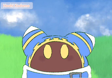 blue_clothing brown_body clothing green_body green_clothing male sparkles sparkling_eyes species_transformation transformation yellow_eyes hoshi_kodomo beep_block_skyway_(song) hal_laboratory kirby's_return_to_dream_land kirby_(series) nintendo magolor alien waddling_head animated meme short_playtime sound video