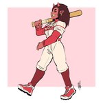 1:1 2018 asian_mythology baseball_bat baseball_uniform bat_(object) belt bigmsaxon border bottomwear clothing demon ear_piercing ear_ring east_asian_mythology facial_piercing fangs female footwear full-length_portrait grin hi_res horn humanoid humanoid_pointy_ears japanese_mythology knee_highs knee_socks legwear mythology nose_piercing nose_ring not_furry oni pants piercing pink_background portrait red_sclera ring_piercing shoes simple_background smile socks solo sportswear teeth uniform walking white_border wraps yellow_eyes yokai