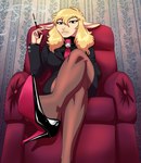 anthro blonde_hair business_suit cigarette_holder clothing crossed_legs female footwear furniture hair high_heels legwear looking_at_viewer low-angle_view necktie perspective shoes sitting sofa solo stockings suit wallpaper_(decoration) crovirus jane_doe_(hladilnik) bovid caprine mammal sheep absurd_res hi_res