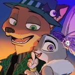 anthro clothing duo female fur green_eyes holidays male orange_body orange_fur purple_eyes uniform ydk1226 disney halloween zootopia judy_hopps nick_wilde canid canine fox lagomorph leporid mammal rabbit red_fox true_fox 1:1 2018 hi_res