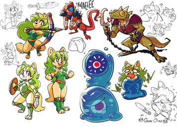 anthro armor arrow_(weapon) band-aid bandage barefoot biped bodily_fluids boots bow_(weapon) bracers choker clothed clothing crying cute_fangs dancing duo fangs feet female footwear fur green_body green_hair green_scales hair holding_melee_weapon holding_object holding_sword holding_weapon horn jewelry knee_pads leotard melee_weapon necklace ranged_weapon red_body red_scales scales screaming shield shoes shoulder_guards simple_background solo spiked_tail spikes spikes_(anatomy) standing sword tail tears teeth text toeless_boots toeless_footwear weapon white_background wraps wrist_wraps yellow_body yellow_fur fuel_(artist) yamcha_death_pose pepper_(fuel) canid canine fox goo_creature mammal scalie 2021 english_text hi_res multiple_images sketch sketch_page