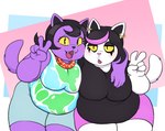 anthro arm_over_shoulder black_inner_ear blep bottomwear clothing duo ear_piercing ear_ring fangs female fur gesture glistening_eyelids hand_gesture highlights_(coloring) overweight overweight_anthro overweight_female piercing purple_body purple_ears purple_fur ring_piercing shorts teeth tongue tongue_out v_sign white_body white_ears white_fur yellow_sclera yellowhellion deltarune undertale undertale_(series) catti_(deltarune) catty_(undertale) domestic_cat felid feline felis mammal 2018 digital_media_(artwork) sibling_(lore) sister_(lore) sisters_(lore)