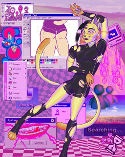 3_eyes anthro black_clothing black_hair bodysuit bulge checkered claws clothed clothing computer electronics feet femboy fur fur_markings hair legwear licking_teeth lips looking_down male markings message_box multi_eye multi_tail open_mouth orange_eyes orange_hair pawpads paws purple_ears purple_pawpads skinsuit smile solo tail teeth text tight_clothing toes topwear torn_clothing torn_legwear whiskers yellow_body yellow_eyes yellow_fur mau_bauu microsoft microsoft_paint_(copyright) microsoft_windows windows_95 hua_(mau_bauu) animal_humanoid domestic_cat felid felid_humanoid feline feline_humanoid felis humanoid mammal mammal_humanoid 4:5 digital_drawing_(artwork) digital_media_(artwork) english_text full-length_portrait hi_res portrait