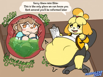 abdominal_bulge after_vore anthro belly big_belly dialogue digestion digestion_noises duo female female/female female_pred internal oral_vore same_size_vore speech_bubble text vore purpulear animal_crossing nintendo isabelle_(animal_crossing) villager_(animal_crossing) humanoid english_text hi_res