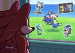 anthro apron apron_only blue_body blue_fur brown_body brown_fur clothing female fur humor jealous guywiththepie animal_crossing nintendo blathers_(animal_crossing) mabel_able sable_able eulipotyphlan hedgehog mammal meme