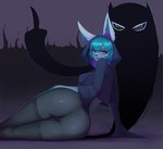 anthro big_butt blue_hair butt clothing duo female gesture hair hand_gesture hood legwear looking_back middle_finger pink_eyes thigh_highs dein-schatten league_of_legends riot_games tencent shadow_(lol) vex_(lol) yordle hi_res