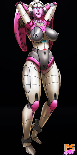 big_breasts blue_eyes breasts female machine nipples not_furry solo standing pumpkinsinclair hasbro takara_tomy transformers arcee cybertronian humanoid robot 2017 hi_res