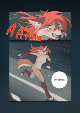 4_toes 5_fingers aaaaa anthro black_text blush breasts chest_tuft city claws cream_breasts dialogue ears_flat ears_up embarrassed eyebrows eyelashes eyes_closed featureless_breasts feet female fingers green_eyes hair looking_back mouth_closed navel nude nude_anthro nude_female open_mouth pupils red_hair red_pupils running solo speed_lines text toes tuft white_breasts rednroge kiri_igness canid canine canis fox mammal 2025 comic english_text hi_res