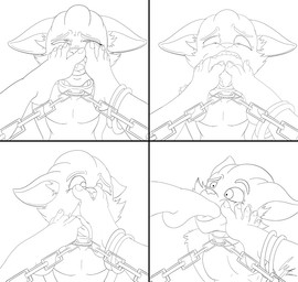 anthro bound chain chained collar dominant dominant_female feet female foot_fetish foot_lick foot_on_face foot_play group humanoid_feet humiliation licking male plantigrade submissive submissive_male teeth toes tongue tongue_out g4rron hi-rez_studios paladins_(game) pip_(paladins) canid canine fennec_fox fox mammal true_fox monochrome sketch