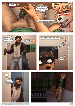 alcohol alcohol_bottle anthro beverage beverage_bottle biped blush blush_lines bottle bottomwear bulge clothing comic_panel container detailed_bulge dialogue dialogue_box drinking drunk duo genital_outline male male/male male_anthro pants penis_outline shirt speech_bubble substance_intoxication sweatpants tank_top text topwear flicklock cane_(flicklock) henry_(flicklock) bird_dog canid canine canis domestic_dog golden_retriever hunting_dog mammal mastiff molosser retriever rottweiler absurd_res comic english_text hi_res