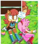 amy_rose anthro archie_comics backless_clothing backless_dress boots bottomwear breasts chipmunk clothed clothing clothing_lift comic dress dress_lift duo ellipsis eulipotyphlan eyes_closed female flower food footwear grass ground_squirrel hair headgear headwear hedgehog hi_res lying mammal midriff navel open_mouth outside panties plant red_clothing red_dress rodent sally_acorn sciurid sega shorts sitting sonic_the_hedgehog_(archie) sonic_the_hedgehog_(comics) sonic_the_hedgehog_(series) speech_bubble tenshigarden text underwear upskirt white_clothing white_panties white_underwear