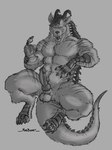 4_toes 5_fingers animal_genitalia anthro balls big_balls big_penis claws feet fingers genitals hair horn huge_balls huge_penis knot male muscular muscular_anthro muscular_male penis scales sheath simple_background solo tail toes madboart mythology parkerhd dragon hybrid hyena mammal mythological_creature mythological_scalie scalie 3:4 hi_res monochrome