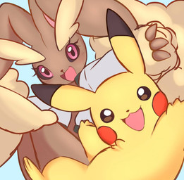 ambiguous_gender anthro biped black_nose brown_body brown_eyes cheek_spots clothing duo eyelashes female fur jacket looking_at_viewer open_mouth open_smile paws pink_eyes pose pupils red_cheeks smile tongue topwear white_pupils yellow_body yellow_fur piyolondres nintendo pokemon generation_1_pokemon generation_4_pokemon lopunny pikachu pokemon_(species) 2022