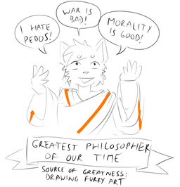 anthro clothing dialogue exclamation_point hair humor male shitpost short_hair simple_background smile solo speech_bubble toga white_background fanteliscio canid canine canis mammal wolf meme sketch