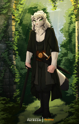 anthro belt clothing dagger fur green_eyes hair male mane melee_weapon muscular muscular_male plant robe scenery solo sword weapon white_body white_fur white_hair feretta bajkow mammal mustelid musteline stoat true_musteline weasel hi_res