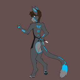 anthro apron apron_only blue_eyes blue_markings brown_hair butt butt_heart clothing hair holding_object machine male markings on_one_leg rear_view slim smile solo spatula standing tools alrecsolus alrec_(character) android felid feline mammal robot 1:1 hi_res