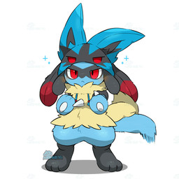 ambiguous_gender anthro black_body black_clothing black_fur blue_body blue_clothing blue_fur blue_tail blush clothing cosplay costume feet front_view fur fursuit hoodie leg_markings markings red_eyes simple_background socks_(marking) solo sparkles spikes standing tail tail_motion tailwag topwear white_background yellow_clothing tontaro nintendo pokemon canid canine generation_4_pokemon mammal pokemon_(species) riolu 1:1 2d_animation animated animated_gif frame_by_frame short_playtime signature watermark