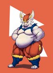 3_toes 5_fingers absurd_res anthro belly big_belly big_muscles bluejeff24 cinderace feet fingers generation_8_pokemon hair hi_res jeffieb19 love_handles male moobs musclegut muscular muscular_anthro muscular_male muscular_thighs nintendo one_eye_closed overweight overweight_anthro overweight_male pecs pokemon pokemon_(species) red_background red_eyes red_hair shadow simple_background solo standing thick_thighs toes tongue tongue_out white_belly wink