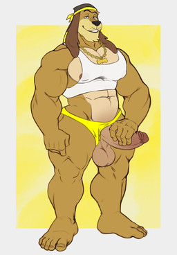 anthro balls black_nose bone brown_body brown_fur chain clothing crop_top erection eyebrows floppy_ears fur genitals gold_(metal) gold_chain half-closed_eyes hat headgear headwear holding_penis humanoid_genitalia humanoid_penis jewelry kerchief male muscular muscular_anthro muscular_male narrowed_eyes navel nipple_outline nipples pecs penis penis_poking_out shirt simple_background smile solo tank_top thick_thighs tight_underwear topwear underwear unibrow white_clothing white_shirt white_tank_top white_topwear yellow_clothing yellow_underwear hunnipanda johnny_test_(series) dukey canid canine canis domestic_dog mammal 2023 colored hi_res