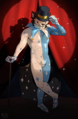 anthro blue_clothing bulge cheek_tuft clothing detailed_bulge facial_tuft fangs front_view fur grey_body grey_fur grin hat hat_over_eyes headgear headwear latex latex_clothing latex_skinsuit male neck_tuft obscured_eyes skinsuit smile solo sparkles standing teeth tight_clothing top_hat tuft whiskers white_body white_clothing white_fur famir felid mammal 2024 absurd_res dated full-length_portrait hi_res portrait signature