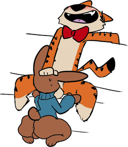 anthro balls blush bodily_fluids bow_tie brown_body brown_fur butt clothing duo fur genitals male male/male open_mouth oral orange_body orange_fur sex sweat sweater topwear horny_bunjester felid lagomorph leporid mammal pantherine rabbit tiger