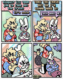 4_panel_comic aloha_shirt anthro cheek_spots clenched_teeth clothing dialogue duo ear_grab flip_flops floppy_ears footwear fur half-closed_eyes hoodie humor male narrowed_eyes overalls pattern_clothing pattern_shirt pattern_topwear pouting sandals shirt shoes speech_bubble teeth text tooth_gap topwear white_body white_fur yellow_body yellow_fur rawdawgcomics bingus_(rawdawgcomics) stahli_(rawdawgcomics) bird_dog canid canine canis domestic_dog golden_retriever hunting_dog lagomorph leporid mammal rabbit retriever 4:5 comic english_text hi_res