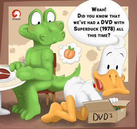 4_fingers abstract_background anthro beak box chair container dialogue dining_table duo dvd feathers fingers food furniture green_body green_scales kneeling male meat nude open_mouth orange_beak scales sitting size_difference smile text tongue white_body white_feathers conditional_dnp osterars sitting_ducks aldo_(sitting_ducks) bill_(sitting_ducks) alligator alligatorid anatid anseriform avian bird crocodilian duck reptile scalie 2026 absurd_res english_text hi_res signature watermark