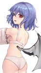 blue_hair blush bra breasts butt clothed clothing dressing eyebrow_through_hair eyebrows eyelashes fangs female hair looking_back membrane_(anatomy) membranous_wings not_furry open_mouth panties pupils red_eyes short_hair simple_background slit_pupils small_breasts solo teeth translucent translucent_hair underwear white_background white_bra white_clothing white_panties white_underwear wings sudako_sdk touhou remilia_scarlet humanoid vampire winged_humanoid hi_res