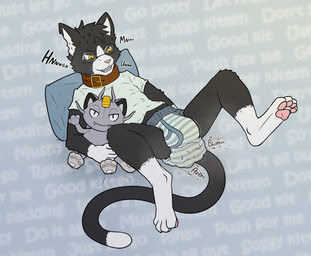 anthro black_body black_fur blort bodily_fluids clenched_teeth clothing collar diaper dipstick_tail encouragement eyewear feces fur genital_fluids glasses gloves_(marking) grunting head_tuft leg_markings lying male markings notched_ear on_back pillow plushie pooping pull-ups_(diaper) rumbling_stomach shirt socks_(marking) soiled_diaper soiling soiling_diaper solo t-shirt tail tail_markings teeth text topwear tuft unclean_diaper urine used_diaper wet_diaper wetting wetting_diaper yellow_eyes tyggles_(artist) nintendo pokemon kit_(kittaclysm) alolan_form alolan_meowth domestic_cat felid feline felis generation_7_pokemon mammal pokemon_(species) regional_form_(pokemon) tuxedo_cat 2024 english_text hi_res