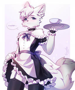 anthro blush clothing femboy fur hair maid_collar maid_uniform male shy simple_background solo speech_bubble tail text uniform white_body white_fur white_hair white_tail siwiko mammal 2024 hi_res
