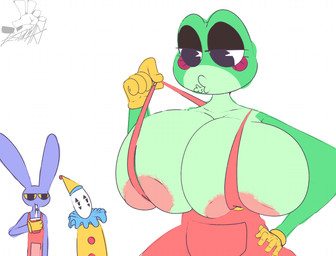 anthro areola areola_slip big_breasts blush blush_stickers breasts clothed clothing clown collarbone container cup drinking drinking_straw female gloves group handwear huge_breasts male overalls overalls_only simple_background trio white_background destiny's_art glitch_productions the_amazing_digital_circus jax_(tadc) kaufmo_(tadc) ribbit_(tadc) amphibian frog lagomorph leporid mammal rabbit hi_res sketch