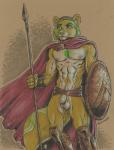 abs anthro athletic balls biceps body_hair bulge flaccid foreskin fur genitals green_body green_fur happy_trail holding_object holding_weapon male melee_weapon muscular muscular_anthro nipples pecs penis polearm shield simple_background solo spartan_armor_(roman) spear vein warrior weapon werepuppy 300_(film) spartan_(roman) zigzagg mammal procyonid raccoon hi_res traditional_media_(artwork)