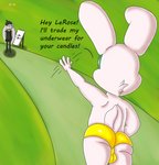 anthro balls_outline bulge clothing detailed_bulge dialogue duo easel eyewear female femboy genital_outline glasses hat headgear headwear male male/female text tired underwear waving_hand inksinksoul parsnip_(game) lerose parsnip_bunner lagomorph leporid mammal rabbit english_text