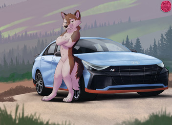 anthro car male nude pose solo vehicle pawprincess canid canine canis mammal wolf absurd_res hi_res pinup