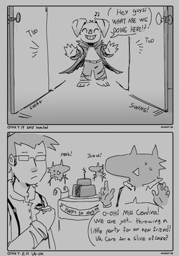 anthro bodily_fluids cake clothing coat dessert dialogue door eyes_closed female food grin group male nervous smile sweat sweatdrop text topwear lilmoonie oinky_(lilmoonie) unnamed_character domestic_pig human mammal suid suine sus_(pig) 2025 black_and_grey comic english_text hi_res monochrome