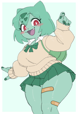 5_fingers alternative_fashion anthro anthrofied band-aid band-aid_on_leg bandage big_breasts blue_background blush blush_lines border bottomwear breasts clothed clothed_anthro clothed_female clothing colored_nails eyelashes female female_anthro fingers front_view green_bottomwear green_bow green_clothing green_hair green_nails green_skirt gyaru hair j-fashion kogal looking_at_viewer nails open_mouth open_smile red_eyes short_hair simple_background skirt smile snaggle_tooth solo tan_clothing tan_sweater tan_topwear thick_thighs topwear white_border wide_hips q_qringo gyaru_bulbasaur_(meme) nintendo pokemon bulbasaur generation_1_pokemon pokemon_(species) 2026 portrait three-quarter_portrait