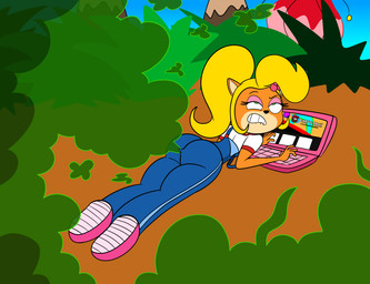 anthro bite biting_lip blonde_hair butt clenched_teeth computer electronics fart fart_cloud fart_fetish female fur gassy green_fart_cloud hair laptop looking_pleasured ponytail solo teeth biggypiggy1_(artist) activision crash_bandicoot_(series) coco_bandicoot bandicoot mammal marsupial 2020 absurd_res hi_res