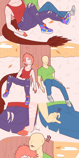 anthro biped bottomwear close-up clothed clothed_anthro clothed_human clothed_male clothing cloud cuddling day denim denim_bottomwear denim_clothing duo evening eyes_closed feathered_tail feathers fingers first_person_view footwear grass green_clothing green_shirt green_topwear hair hand_on_shoulder heart_symbol human_on_anthro human_pov humanoid_hands interspecies jeans leaf long_tail looking_at_viewer male male/male male_pov markings outside pants pink_body pink_hair pink_scales plant purple_bottomwear purple_clothing purple_eyes purple_pants red_body red_clothing red_feathers red_shirt red_tank_top red_topwear romantic romantic_couple scales shirt shoes sitting sitting_under_tree sky smile striped_markings stripes sun sunset tail tank_top topwear torn_bottomwear torn_clothing torn_pants tree sogflesh cavemanon_studios goodbye_volcano_high snoot_game anon_(snoot_game) reed_(gvh) dinosaur dromaeosaurid human mammal prehistoric_species reptile saurischian scalie theropod velociraptor absurd_res colored comic hi_res long_image shaded tall_image