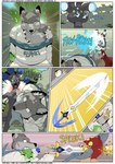 anthro female forest fur grey_body grey_fur group male melee_weapon outside plant speech_bubble sword text tree weapon fidchellvore canid canine canis mammal monster wolf 2022 comic