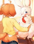 ahoge anal anal_penetration anthro anthro_on_anthro anthro_penetrated anthro_penetrating anthro_penetrating_anthro anus arm_tuft balls belt biped blue_bottomwear blue_clothing blue_eyes blue_pants blush blush_lines bodily_fluids bottomwear bottomwear_down breath brown_clothing brown_footwear brown_shoes buckteeth butt butt_from_the_front clothed clothed_sex clothing desk detailed_background duo erect_nipples erection eyebrows floppy_ears fluffy fluffy_tail footwear foreskin from_front_position fur furniture genital_fluids genitals glans hair hair_over_eye humanoid_genitalia humanoid_penis inner_ear_fluff kemono leg_grab light long_ears male male/male male_anthro male_penetrated male_penetrating male_penetrating_male navel necktie nipples on_desk open_clothing open_mouth open_topwear orange_body orange_fur orange_hair orange_penis orange_tail pants pants_down partially_clothed partially_retracted_foreskin penetration penile penile_penetration penis penis_in_ass pink_glans pink_inner_ear pink_nipples precum precum_on_penis red_necktie scut_tail sex shirt shoes short_tail shoulder_tuft socks spread_legs spreading sunlight sweat sweatdrop sweater table tail teeth tongue_showing topwear tuft white_balls white_body white_clothing white_eyebrows white_footwear white_fur white_hair white_inner_ear_fluff white_penis white_shirt white_socks white_tail white_topwear yellow_clothing yellow_sweater yellow_topwear young young_anthro young_male young_on_young young_penetrated young_penetrating tororoudn haruto_(tororoudn) shu_(tororoudn) canid canine canis domestic_dog lagomorph leporid mammal rabbit 2025 digital_media_(artwork) hi_res