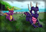 detailed_background feet female feral fingers glowing glowing_eyes grass horn male male/female nude pattern_background plant quadruped running sea seaside shadow simple_background sky spiked_tail spikes spikes_(anatomy) tail text water wings skartyuz activision european_mythology mythology spyro:_a_hero's_tale spyro_reignited_trilogy spyro_the_dragon cynder spyro dragon mythological_creature mythological_scalie scalie western_dragon absurd_res concept_art digital_media_(artwork) english_text hi_res wallpaper