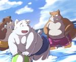 anthro belly clothing fur group humanoid_hands male moobs navel open_mouth overweight overweight_male swimwear water white_body white_fur ayame42612 bear canid canine mammal polar_bear raccoon_dog tanuki ursine 2008