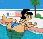 accessory anthro bent_over beverage big_breasts big_butt bikini black_hair blue_bottomwear blue_clothing blue_topwear bodily_fluids bottomwear breasts butt clothed clothing drink_umbrella female green_eyes hair hair_accessory hairband half-closed_eyes holding_beverage holding_object looking_away narrowed_eyes palm_tree partially_submerged plant smile solo sweat swimming_pool swimwear tan_body tan_skin topwear tree two-piece_swimsuit under_boob wet olerr nickelodeon t.u.f.f._puppy kitty_katswell felid mammal absurd_res digital_media_(artwork) hi_res portrait three-quarter_portrait