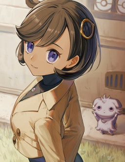 ambiguous_gender anthro brown_hair duo eyelashes female fur grass grey_body grey_fur hair human_focus looking_at_viewer looking_back pink_sclera plant purple_eyes tanned_skin mint_pk nintendo pokemon pokemon_legends_z-a emma_(pokemon) espurr generation_6_pokemon human mammal pokemon_(species) 2025