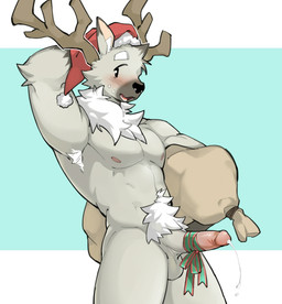 accessory anthro antlers balls blush bodily_fluids christmas_clothing christmas_headwear clothing dripping erection fur genital_fluids genitals glans grey_body grey_fur hat hat_only headgear headgear_only headwear headwear_only holidays horn humanoid_genitalia humanoid_penis male mostly_nude nipples penis penis_accessory penis_ribbon precum precum_drip pubes ribbons santa_hat solo white_body white_fur shoko_contane christmas deer mammal new_world_deer reindeer hi_res