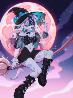 anthro black_claws black_nose blue_body blue_eyes blue_fur blue_hair bone_hair_accessory boots bow_accessory bow_ribbon bow_tie breasts broom broom_riding claws cleaning_tool clothing female footwear fur hair hat headgear headwear knee_boots knee_highs legwear looking_at_viewer magic_user markings medium_breasts midriff moon multicolored_body multicolored_fur night shoes smile smirk solo spots spotted_body spotted_fur white_body white_fur white_hair witch witch_costume witch_hat cepto_(artist) canid canine canis domestic_dog mammal 3:4 hi_res