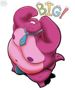 anthro arms_above_head barefoot belly big_belly bottomwear bulge clothed clothing feet flexing jockstrap looking_at_viewer male moobs mostly_nude navel nervous nervous_smile nipples overweight overweight_anthro overweight_male simple_background solo tail teeth text underwear underwear_only gorochuinboxers gameoverse glitch_productions gobbles_(gameoverse) dinosaur prehistoric_species reptile scalie 2026 5:6 absurd_res colored digital_drawing_(artwork) digital_media_(artwork) english_text hi_res
